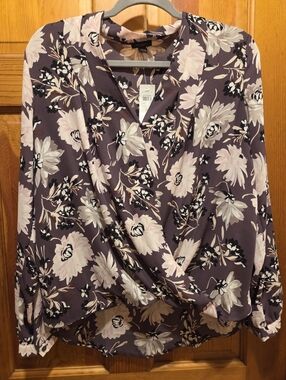 Ann Taylor Factory Floral Wrap-Front Blouse in Mauve Purple - Women Tops